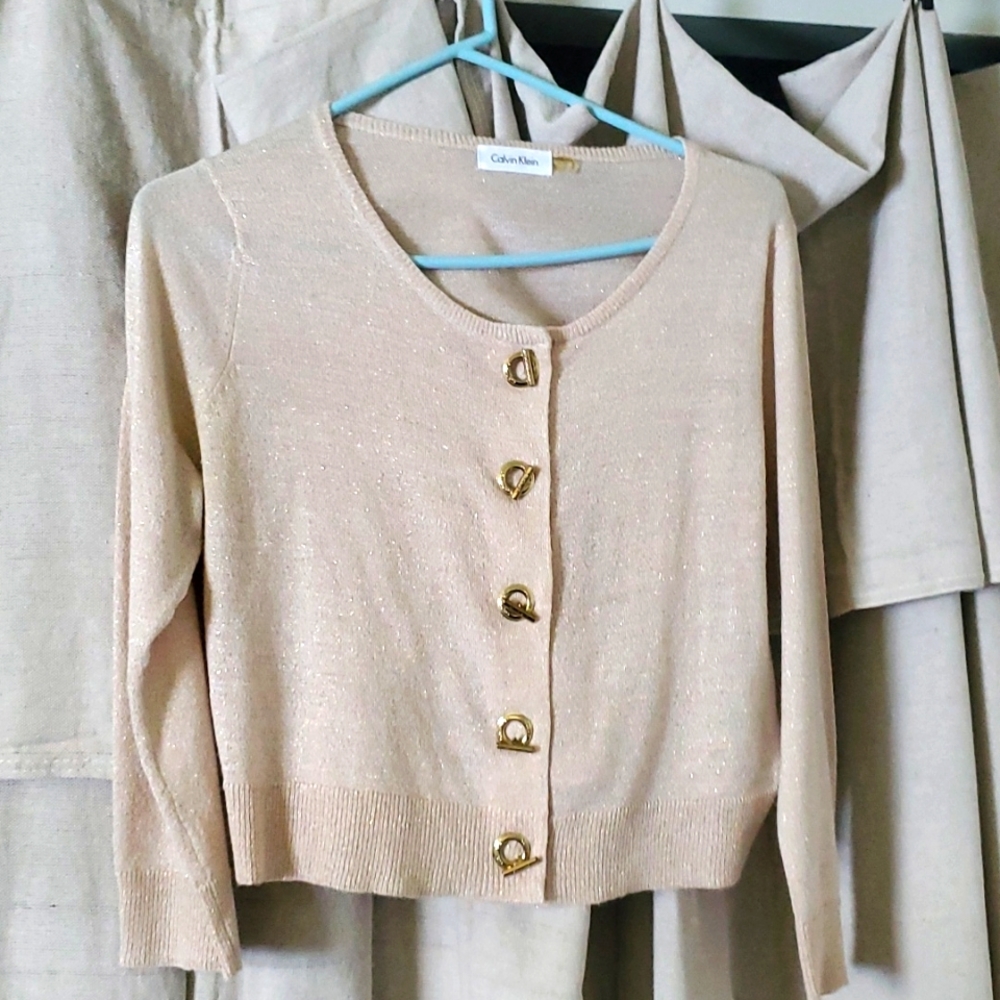 Clavin Klein long sleeve, beige with gold cardigan, size Large